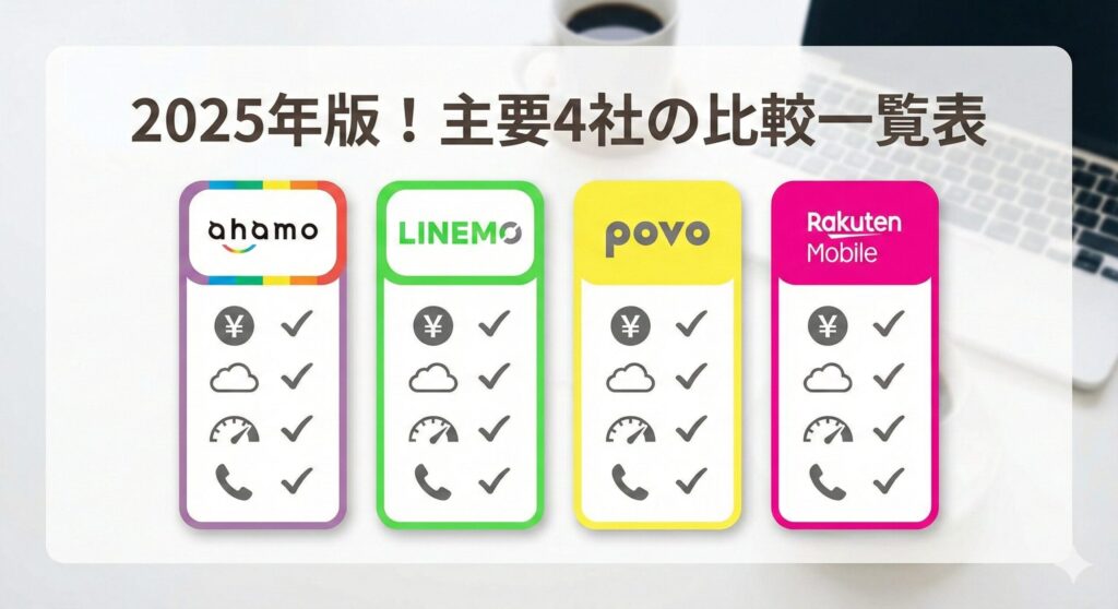 2025年最新|格安SIM主要4社(ahamo・LINEMO・povo・楽天モバイル)の料金プラン比較一覧表のイメージ画像