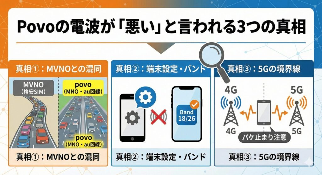 povo2.0の電波が「悪い」と言われる3つの真相｜au回線と同じ通信品質とプラチナバンドの真実を解説する見出し画像