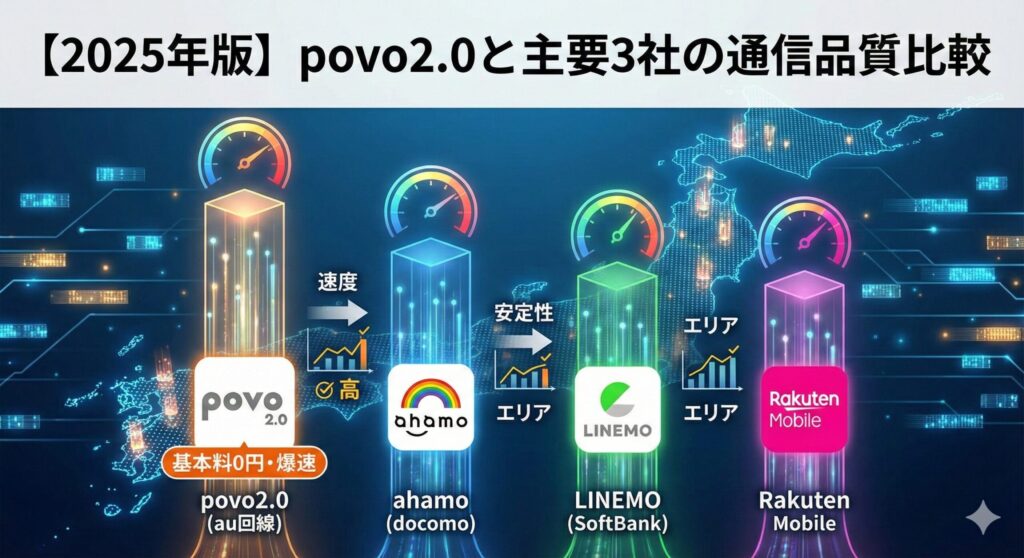 2025年最新｜povo2.0と主要3社（ahamo・LINEMO・楽天モバイル）の通信品質比較表。au直営回線による圧倒的な速度と安定性を解説するイメージ画像