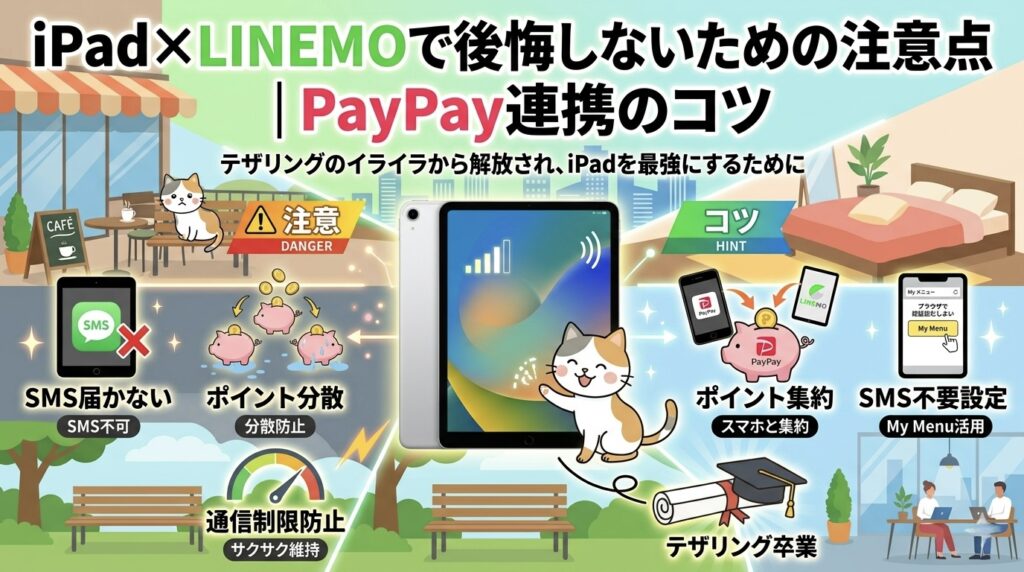 「iPad×LINEMOで後悔しないための注意点 | PayPay連携のコツ」というタイトルのインフォグラフィック比較画像。中央のiPadと猫キャラクターの周りに、注意(DANGER、赤/黄色)とコツ(HINT、緑/青)のセクションが配置されている。注意セクションには「SMS届かない (SMS不可)」と赤×のSMSアイコン、「ポイント分散 (分散防止)」とコインが漏れる豚貯金箱、「通信制限防止 (サクサク維持)」とスピードメーターを描写。コツセクションには「ポイント集約 (スマホと集約)」とコインが集まる豚貯金箱、「SMS不要設定 (My Menu活用)」とブラウザログイン画面を描写。「テザリング卒業」の卒業証書と、ロボットと鍵も描写。