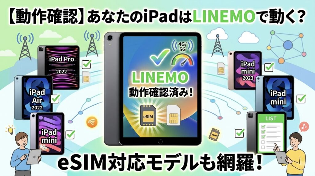 LINEMOのiPad動作確認を解説したインフォグラフィック画像。タイトルは「【動作確認】あなたのiPadはLINEMOで動く?」。サブタイトルは「eSIM対応モデルも網羅!」。中央のiPadはスピードメーターと「動作確認済み!」を表示。iPad Pro、iPad Air、iPad miniの各モデルとeSIMアイコンを描写。