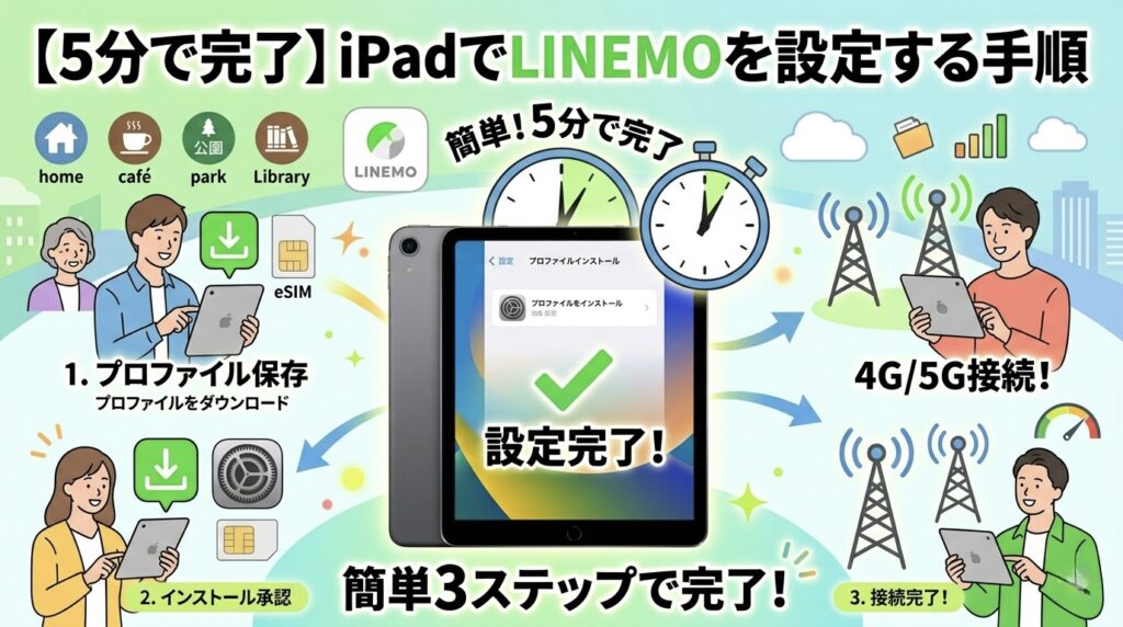 「【5分で完了】iPadでLINEMOを設定する手順」というタイトルのインフォグラフィックイラスト。上部には「簡単!5分で完了」の時計、スピードメーター、LINEMOロゴ、home, café, park, Libraryのアイコン。中央のiPadにはiOS設定画面のスクリーンショットで「設定」「プロファイルインストール」「設定完了!」を表示。下部には「簡単3ステップで完了!」のフローチャート。ステップ1:「1. プロファイル保存」と「プロファイルをダウンロード」、ステップ2:「2. インストール承認」、ステップ3:「3. 接続完了!」と「4G/5G接続!」。人物が各ステップを行う様子と、eSIMアイコン、4G/5G基地局を描写。