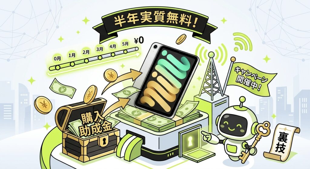 AppleのiPad miniが札束と硬貨の上に乗り、上部には「半年実質無料!」と書かれたリボン。左側には「購入助成金」と書かれた宝箱と、料金が¥0に下がるタイムライン。右側には電波塔と、「キャンペーン開催中!」の旗を持つロボットが「裏技」と書かれた鍵を持って鍵穴を指しており、iPad miniでの通信と、お得なキャンペーンの隠された活用術を表現したインフォグラフィックイラスト。