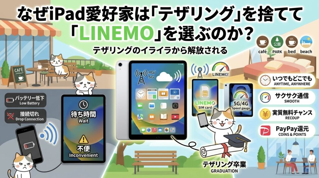 「なぜiPad愛好家は「テザリング」を捨てて「LINEMO」を選ぶのか?」というタイトルのインフォグラフィック比較画像。左側にはテザリングのデメリット(バッテリー低下、接続切れ、待ち時間、不便)とカフェでイライラする猫。右側にはLINEMOのメリット(いつでもどこでも、サクサク通信、実質無料、PayPay還元)と公園、ベッド、ビーチで楽しそうにiPadを使う猫。「テザリング卒業」の卒業証書と、「テザリングのイライラから解放される」というサブタイトルを記述。