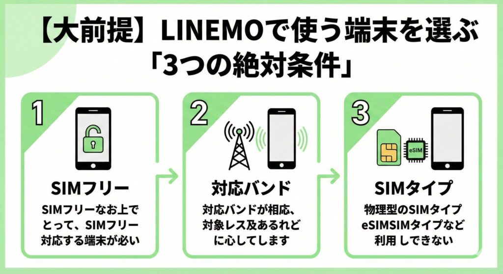 【大前提】LINEMOで使う端末を選ぶ「3つの絶対条件」と題した図解イラスト。1.「SIMフリー」SIMロック解除済みの端末が必要、2.「対応バンド」LINEMOの周波数帯に対応が必要、3.「SIMタイプ」物理SIMかeSIMかの確認が必要、という3つのポイントがアイコンとテキストで解説されている。