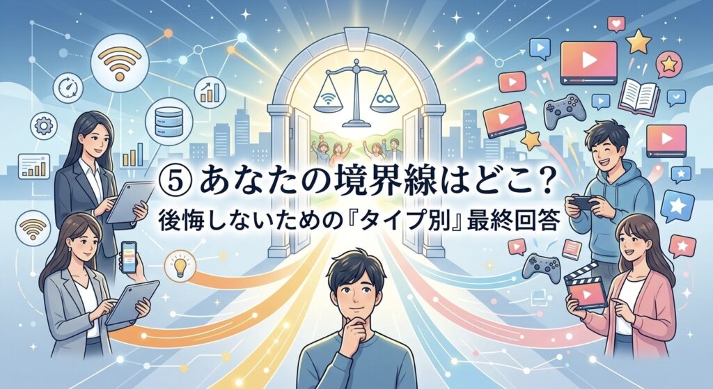 LINEMOと楽天モバイルのどちらを選ぶべきか、タイプ別の最終判断を促す比較イラスト。中央には悩む男性と、選択の天秤が描かれた「最終回答」へのゲートがある。左側（青・緑）はビジネス・安定・Wi-Fi品質を重視するユーザー層、右側（赤・ピンク）は動画・ゲーム・無制限データを重視するユーザー層を表現。画像中央に「⑤ あなたの境界線はどこ？ 後悔しないための『タイプ別』最終回答」のテキスト。