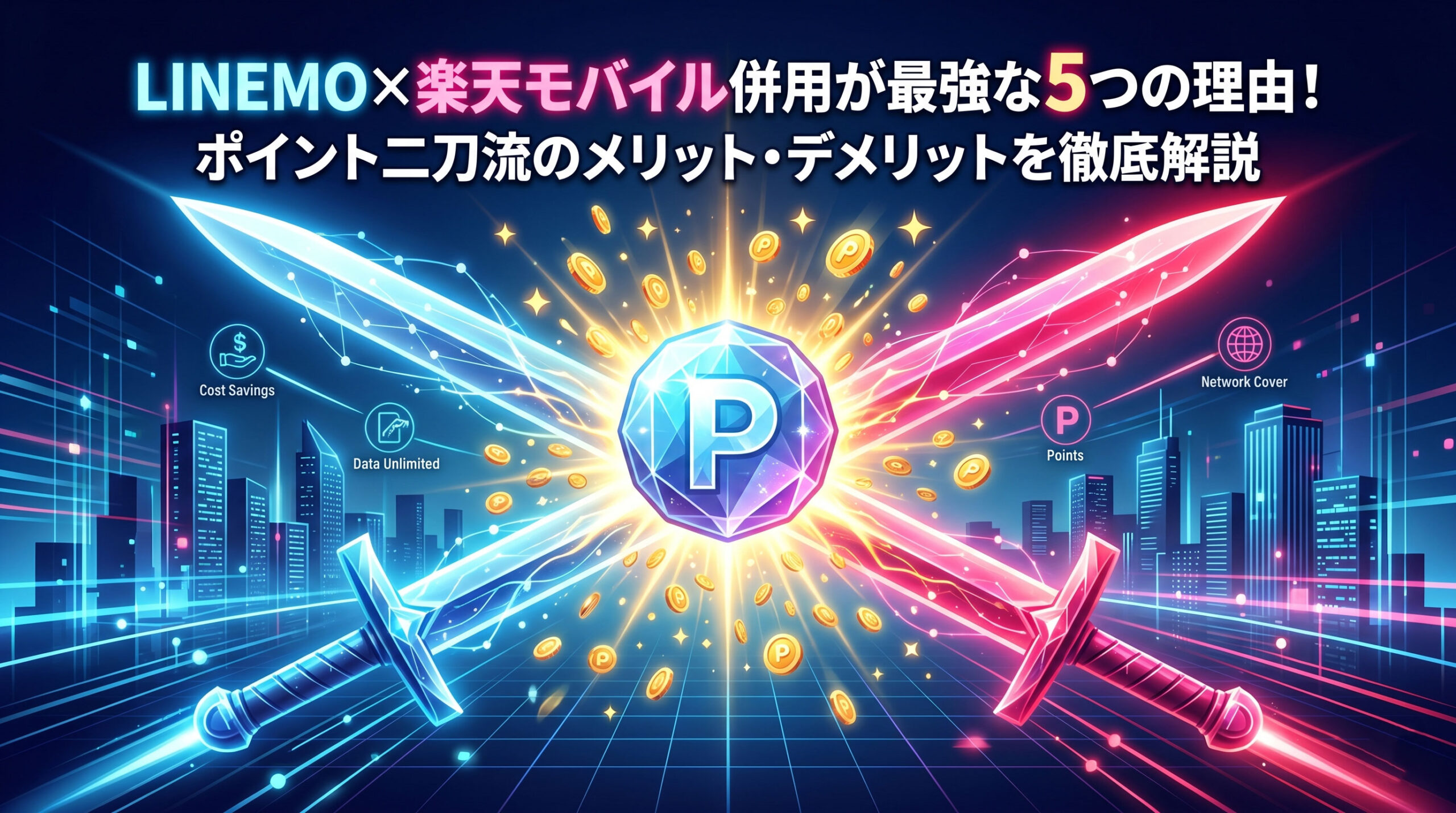LINEMO（ラインモ）と楽天モバイルを併用する「ポイント二刀流」のメリット・デメリットを解説するアイキャッチ画像。青とピンクに輝く2本の剣が交差し、中央に「P（ポイント）」のアイコンが光り輝く近未来的なサイバー空間のデザイン。「併用が最強な5つの理由」というテキストが含まれています。