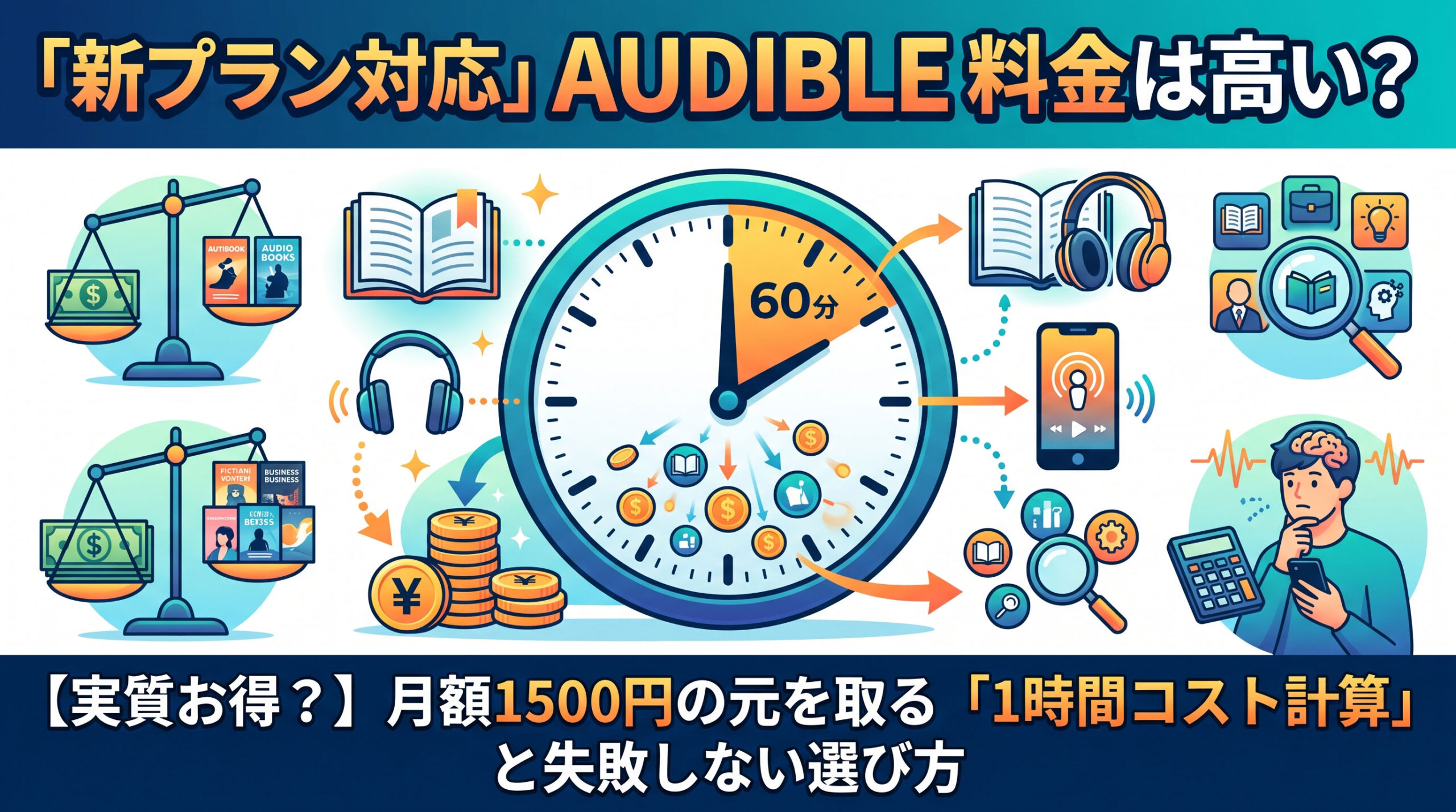 「新プラン対応 Audible料金は高い？」と月額1500円の元を取る「1時間コスト計算」の文字が入ったブログ用アイキャッチ画像。中央に60分を強調した時計、左に料金と本の価値を比較する天秤、右に電卓を叩く男性のイラストが描かれた、オーディオブックのコスパ検証を表現する図解"