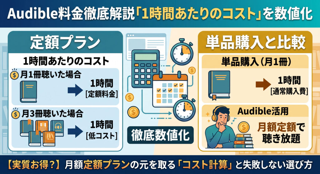 「月額の元は取れる?1時間あたりのコストを徹底数値化」の文字が入ったブログ用見出し画像。中央に砂時計と歯車のイラストが描かれ、時間とコストの連動性を表現。左右にはグラフやチェックリストの図解、電卓で計算する人のシルエットが並ぶ、オーディオブックのタイパとコスパ検証をイメージしたデザイン