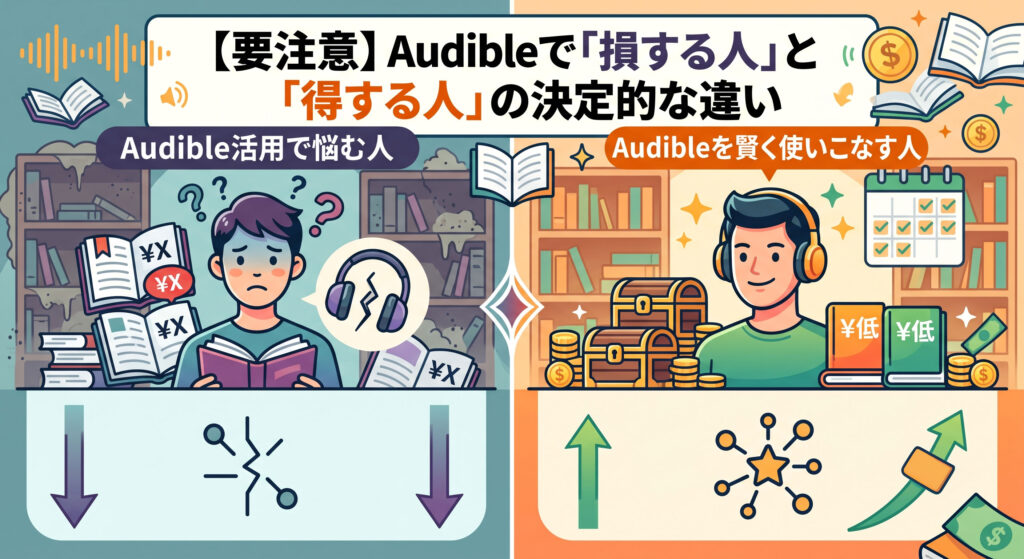 【要注意】Audibleで『損する人』と『得する人』の決定的な違い」の文字が入ったブログ用見出し画像。中央の大きなクエスチョンマークを挟んで、左側には悩む人のシルエットとバツマーク、右側にはひらめく人のシルエットとチェックマークが対比で描かれた、利用者の分岐点を表現するイラスト図解