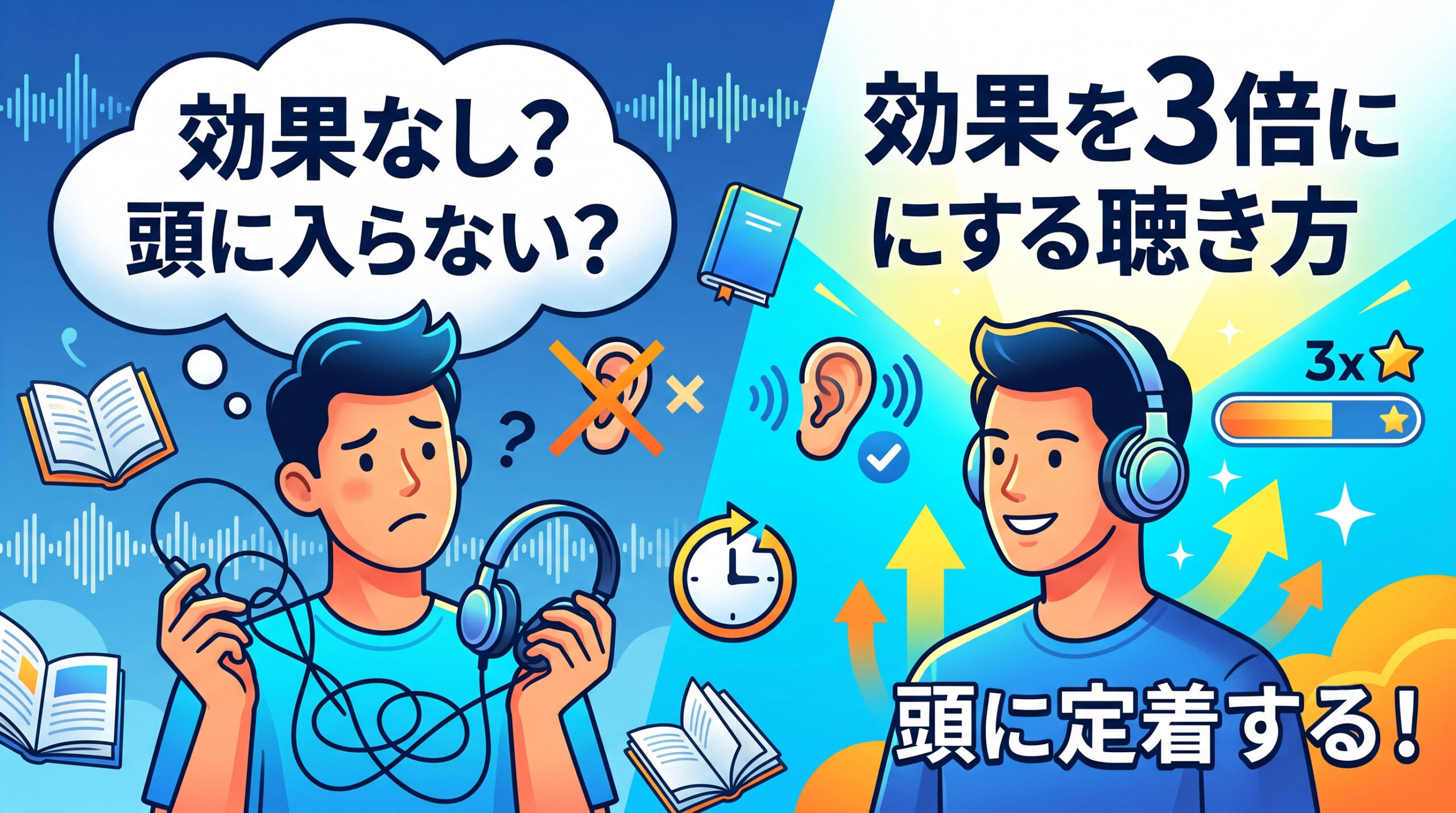 オーディオブックが「効果なし」「頭に入らない」と感じる原因と、内容を「頭に定着する」状態にする「効果を3倍にする聴き方」を比較解説するイラスト。左側にはヘッドフォンを手に困惑する男性と本のアイコン、右側にはヘッドフォンで集中し笑顔の男性、上向き矢印、3倍のステータスバーが描かれている。