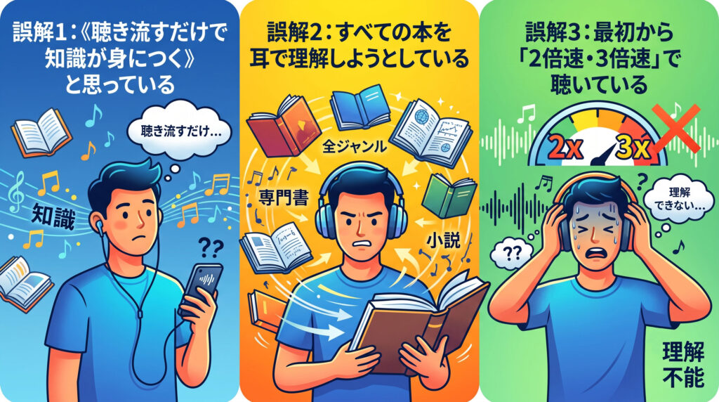 オーディオブックの落とし穴として「聴き流すだけ」「全ジャンル」「速聴」の3つの間違いを比較解説するイラスト。左パネル(青)は「専門書」などの全ジャンルの本に圧倒され、「理解できない」と困惑する男性。中央パネル(黄)は大量の本に「集中」し、汗を流しながら聴く男性。右パネル(緑)は「2x」「3x」のスピードメーターに圧倒され、「理解できない」と頭を抱える男性。
