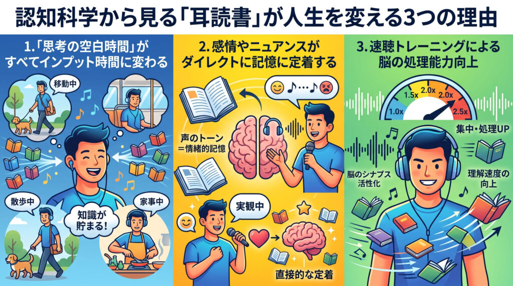 認知科学から見る耳読書(オーディオブック)が人生を変える3つの理由を解説したインフォグラフィック画像。1. 思考の空白時間(移動・散歩・家事)のインプット化、2. 感情やニュアンス(声のトーン)の記憶定着、3. 速聴トレーニングによる脳の処理能力向上を3分割イラストで図解。