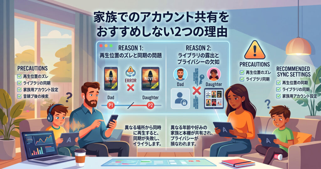 リビングで家族が困惑した表情でスマホやタブレットを操作しているイラスト。上部には「家族でのアカウント共有をおすすめしない2つの理由」という見出しが記載されている。画面中央には、理由1として「再生位置のズレと同期の問題(異なる場所から同時に再生すると同期が失敗しイライラします)」、理由2として「ライブラリの露出とプライバシーの欠如(異なる年齢や好みの家族と本棚が共有されプライバシーが損なわれます)」という2つのデメリットが具体的なエラーアイコンとともに日本語で詳しく図解されている。