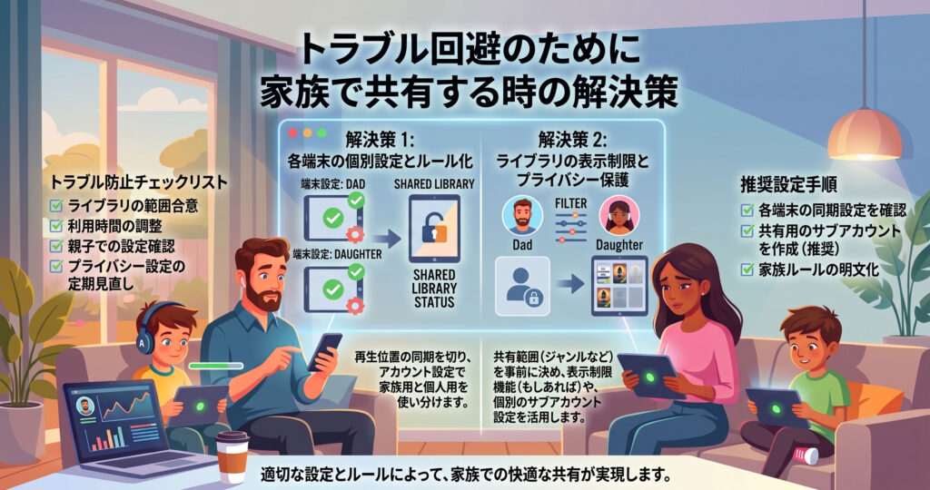 Audible(オーディブル)のアカウントを家族で共有することをおすすめしない2つの理由(再生位置のズレによる同期エラー、ライブラリの露出によるプライバシーの欠如)を分かりやすく解説したイラスト図解。リビングでスマートフォンやタブレットを操作する家族の様子が描かれています。