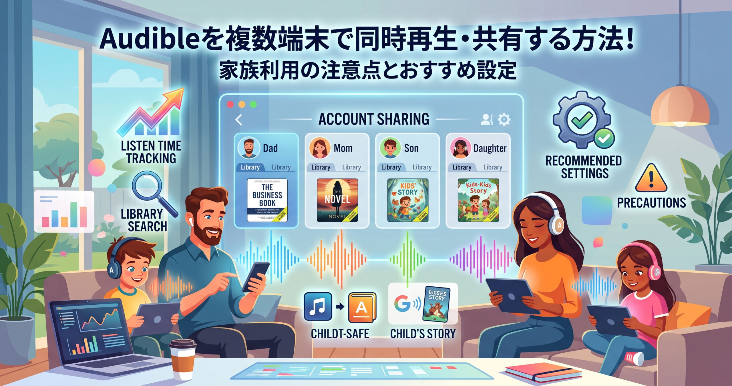 リビングで家族4人がスマホやタブレットなどの複数端末を使い、Audible（オーディブル）のオーディオブックを同時に再生・共有しているイラスト。画面中央には家族ごとのアカウント共有（ACCOUNT SHARING）画面やおすすめ設定、注意点のアイコンが表示されており、上部には「Audibleを複数端末で同時再生・共有する方法！家族利用の注意点とおすすめ設定」というタイトル文字が記載されている。