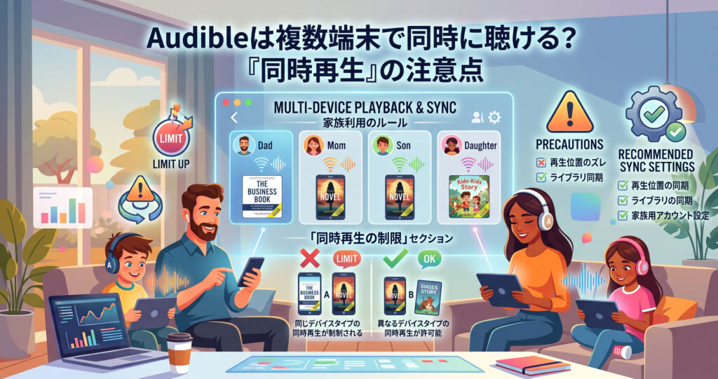 家族4人がリビングでスマホやタブレットを操作しているイラスト。上部には「Audibleは複数端末で同時に聴ける?『同時再生』の注意点」という見出しが記載されている。中央の画面には「同時再生の制限」セクションとして、同じデバイスタイプでの同時再生が制限されること(X LIMIT)、異なるデバイスタイプでの同時再生が許可可能であること(OK)が日本語で図解されている。また、再生位置のズレやライブラリ同期などの注意点、おすすめ設定のチェックリストも含まれている。