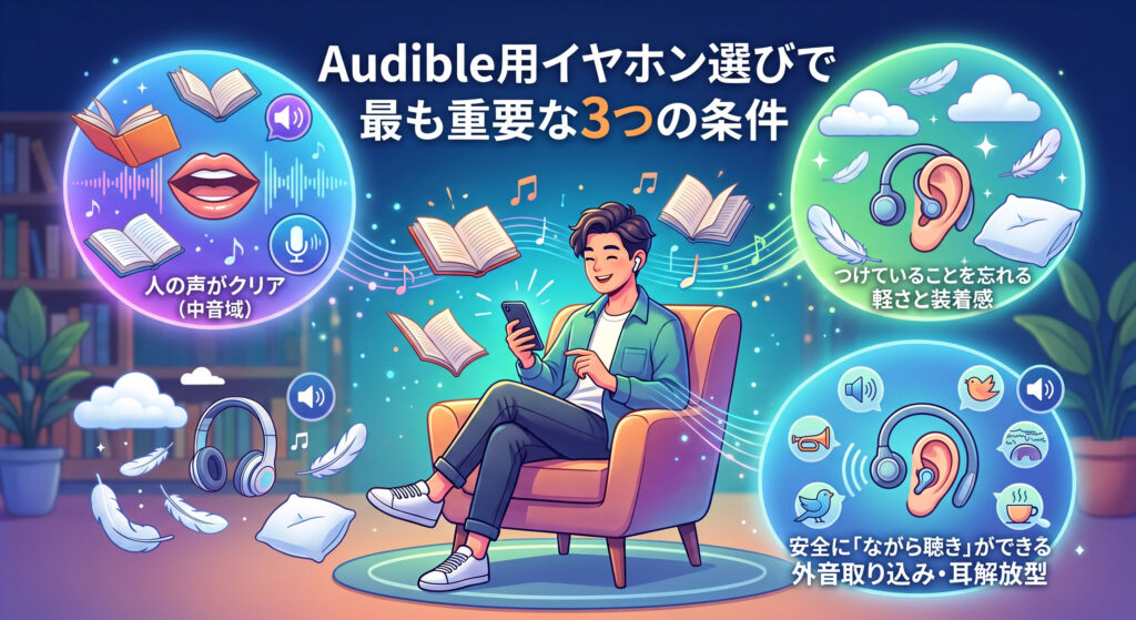 Audible(オーディブル)用イヤホン選びで最も重要な3つの条件(人の声がクリアに聴こえる音質、軽さと装着感、安全に「ながら聴き」ができる外音取り込み・耳解放型)を表現したイラストの見出し画像。