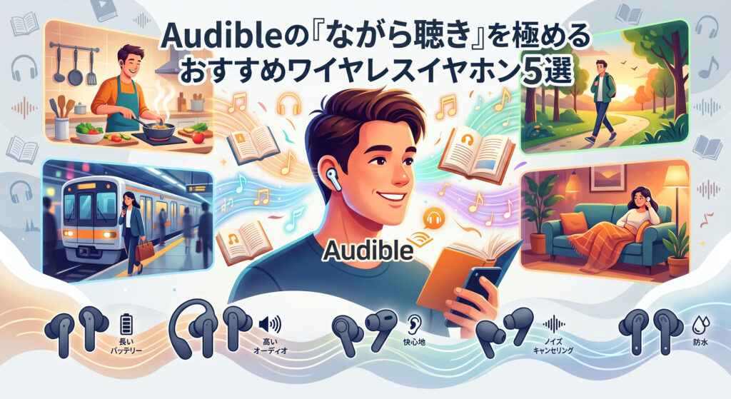 Audibleの「ながら聴き」を極めるおすすめワイヤレスイヤホン5選のアイキャッチ画像。中央にイヤホンでオーディオブックを楽しむ笑顔の男性が描かれ、周囲に料理、通勤、散歩、リラックスの4つのシーンがイラスト化されている。下部には、5つの異なるワイヤレスイヤホンの製品イメージと、それぞれの特徴である「高いバッテリー」「高いオーディオ」「快心地(装着感)」「ノイズキャンセリング」「防水」のアイコンが日本語テキストと共に配置されている。Audibleロゴ入り。