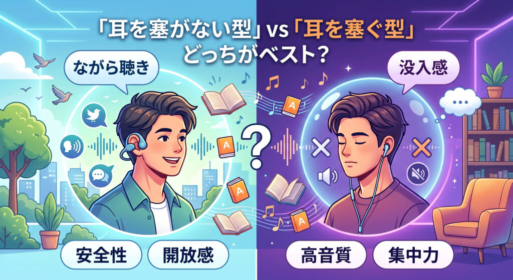 Audible(オーディブル)リスニングにおける「耳を塞がない型」(オープンイヤー・ながら聴き)と「耳を塞ぐ型」(カナル型・ノイズキャンセリング)のワイヤレスイヤホンを対比・比較したイラストのアイキャッチ画像。
