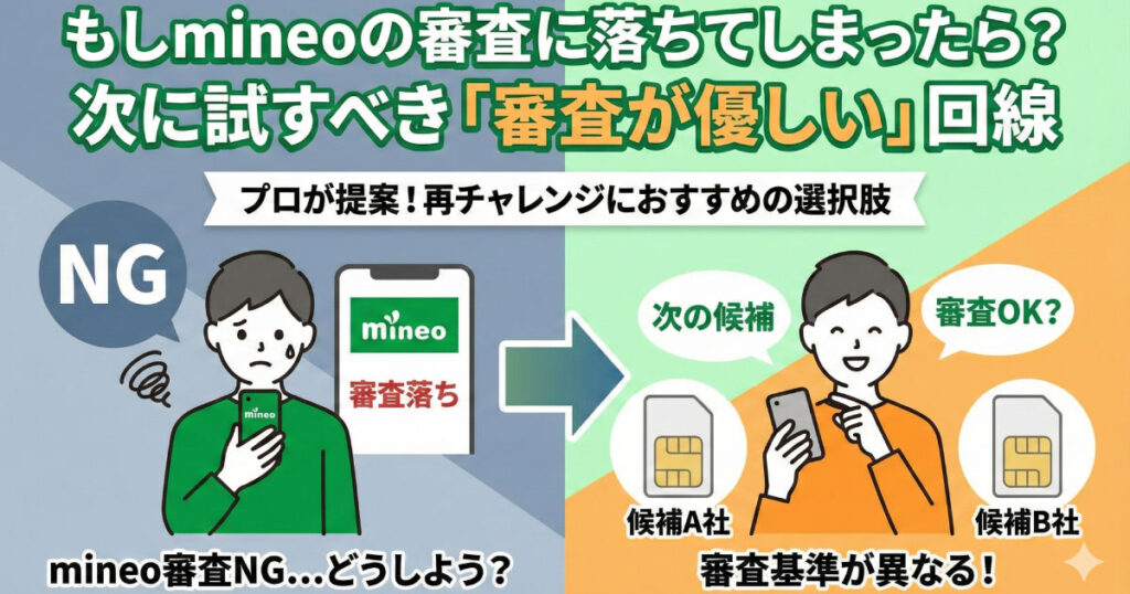 もしmineoの審査に落ちてしまったら？次に試すべき「審査が優しい」回線。mineoで審査落ち（NG）した後に、審査基準が異なる他の格安SIM候補へ再チャレンジする流れを図解したアイキャッチ画像。