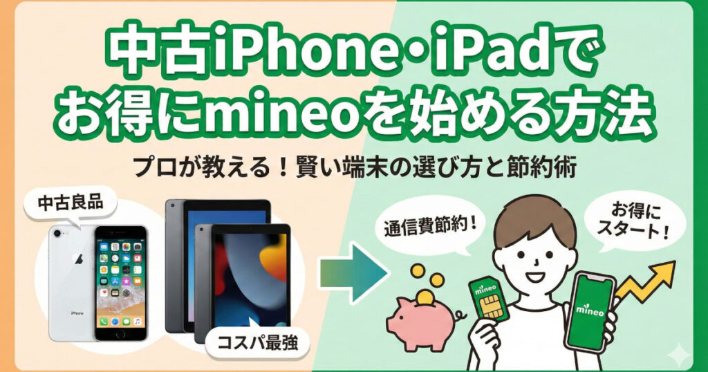 中古iPhone・iPadでお得にmineoを始める方法。プロが教える賢い端末の選び方と節約術。中古良品の端末からmineo契約による通信費節約までの流れを図解したアイキャッチ画像。