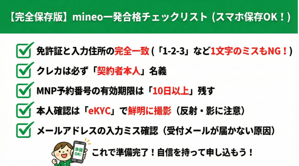 mineo審査に一発合格するための完全保存版チェックリスト。住所の完全一致、本人名義クレカ、MNP期限10日以上、eKYCの鮮明な撮影、メールアドレス確認の5項目を網羅したスマホ保存OKの画像。