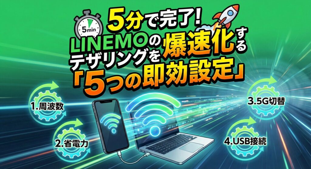 図解：『5分で完了！LINEMOのテザリングを爆速化する「5つの即効設定」』。ロケットが加速する背景に、1.周波数、2.省電力、3.5G切替、4.USB接続などの設定項目をアイコンで表示。スマホからノートPCへ高速通信が流れるイメージの見出し画像。