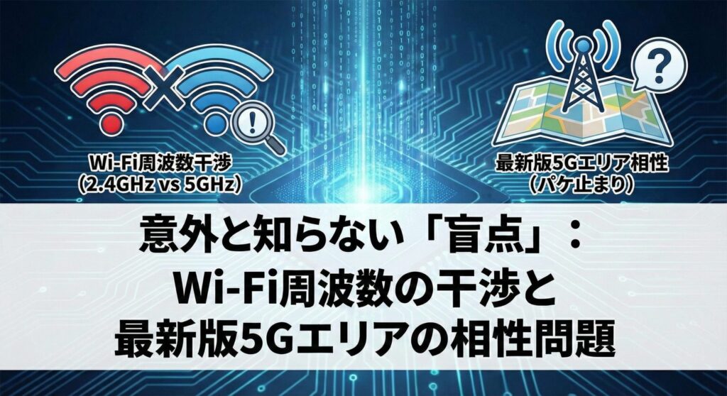 図解：LINEMOのテザリングが遅い意外な盲点。Wi-Fi周波数の干渉（2.4GHz対5GHz）と、最新版5Gエリア特有の相性問題（パケ止まり）という2大原因を視覚化。設定変更だけでは解決しない、通信環境の本質的な課題を解説する見出し画像。