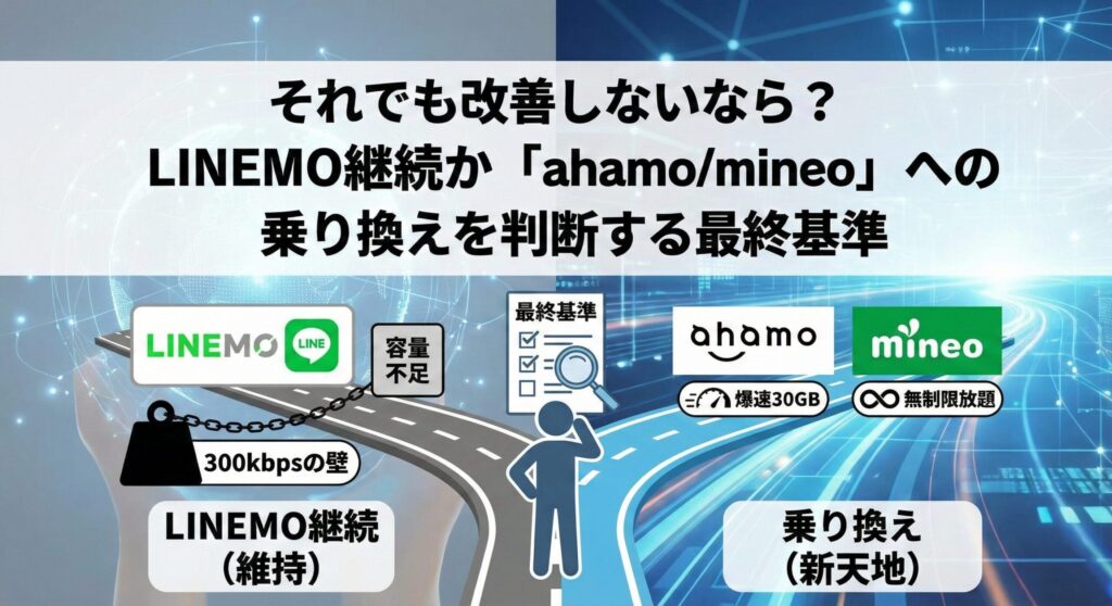 比較図解：LINEMOのテザリング速度が改善しない場合の最終判断基準。容量不足や300kbpsの制限（鎖）に縛られる『LINEMO継続』か、爆速30GBの『ahamo』やパケット放題の『mineo』への『乗り換え』か、進むべき道を選択する分岐点を描いたイラスト。
