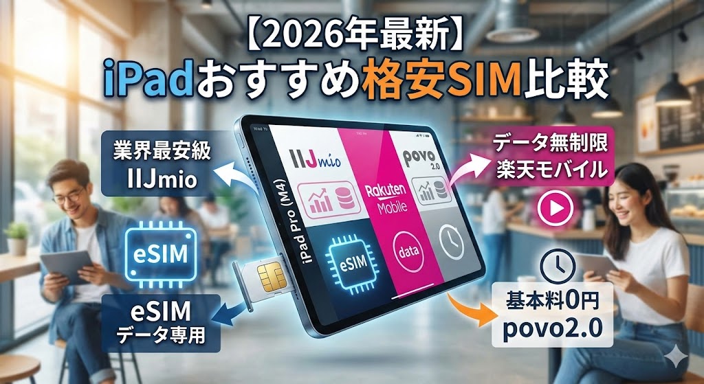 2026年最新｜iPadにおすすめの格安SIM比較ランキング。IIJmio（最安級）、楽天モバイル（無制限）、povo2.0（0円維持）のeSIM・データ専用プランを解説するアイキャッチ画像