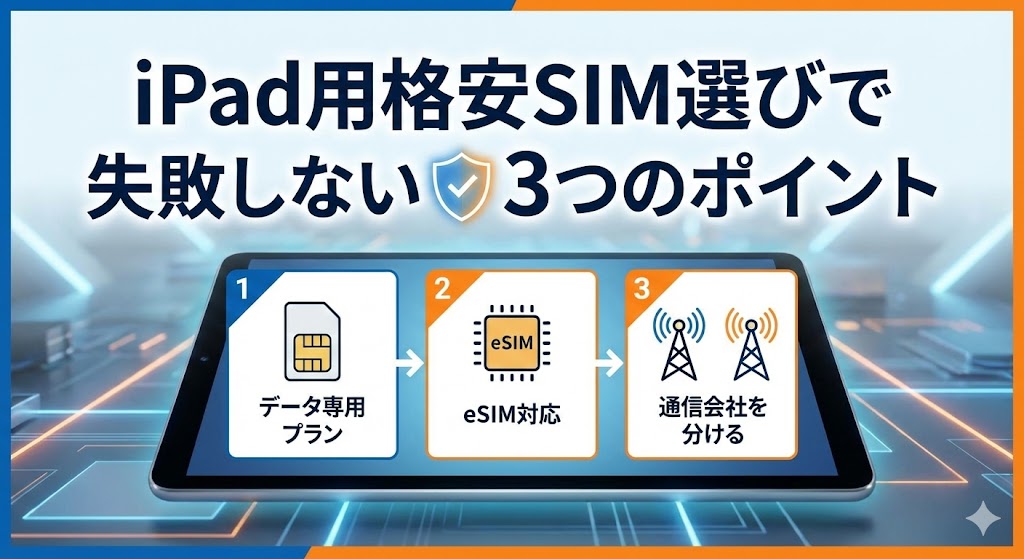 iPad用格安SIM選びで失敗しない3つのポイント（データ専用プランの安さ・eSIM対応・メイン回線とのキャリア分散）を整理した見出し画像