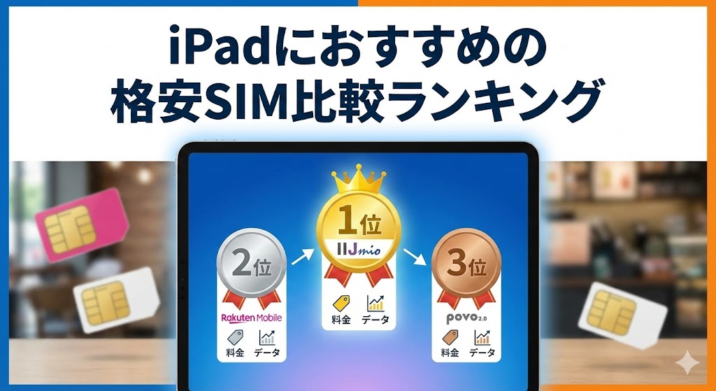 2026年最新｜iPadにおすすめの格安SIM比較ランキングの図解。IIJmio、楽天モバイル、povo2.0の料金やeSIM対応、無制限プランを比較したランキング見出し画像
