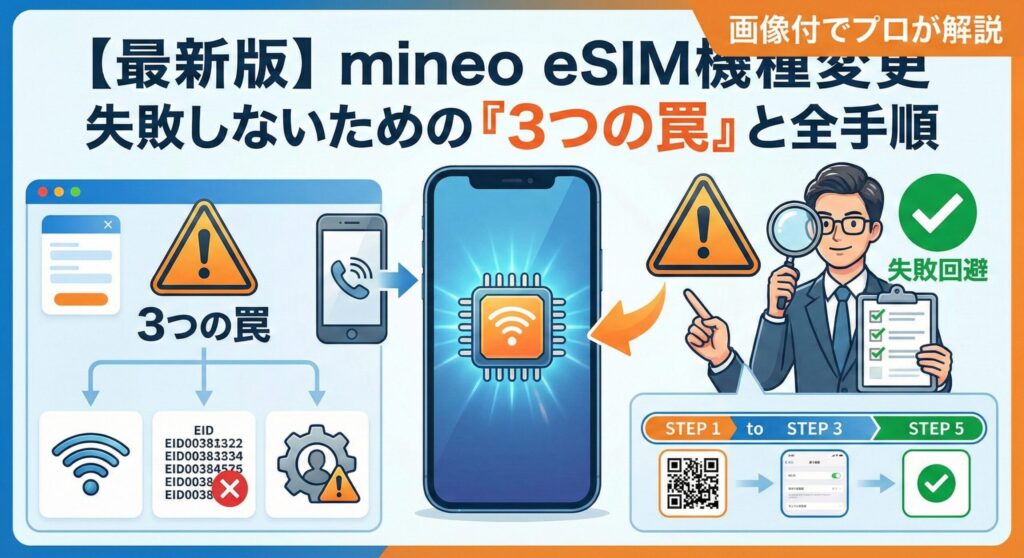 mineo（マイネオ）のeSIM機種変更の手順を分かりやすく解説したブログ記事のアイキャッチ画像。新しいスマートフォンとeSIMのシンボル、そして設定を優しくナビゲートするイメージを表現した、失敗を防ぐためのガイド画像。