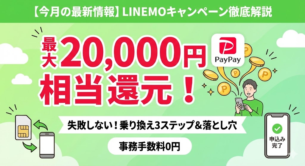 LINEMOの最新キャンペーン情報を解説するアイキャッチ画像。スマートフォンとギフトボックスのイラストを背景に、「最大20,000円相当還元」の文字が目立つ、清潔感のあるプロフェッショナルなデザイン。