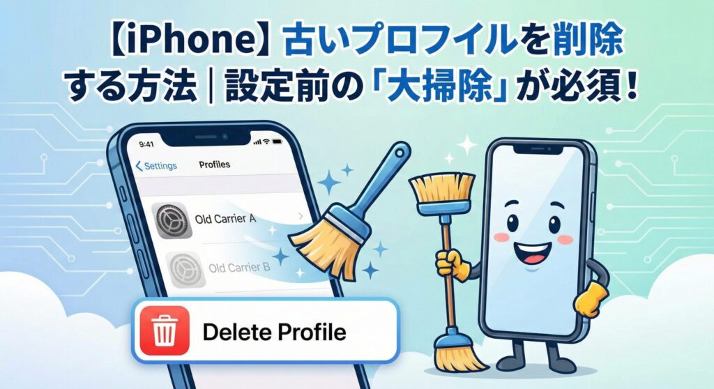 iPhoneの設定画面で古いプロファイルを削除し、「大掃除」を行っている様子を描いたイメージ画像。mineo設定前の必須作業として解説。