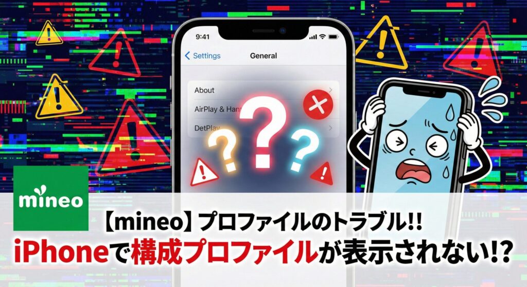 【mineo】プロファイルのトラブル!! iPhoneで構成プロファイルが表示されない!?」というタイトルのアイキャッチ画像。iPhoneの設定画面でプロファイルが見つからず、疑問符やエラーが表示されている様子と、困惑して頭を抱えるiPhoneキャラクターのイラストでトラブル状況を表現している。