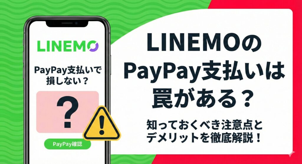 LINEMOのPayPay支払いの注意点（罠）を解説する2026年最新のアイキャッチ画像。LINEMOとPayPayのロゴ、そして警告アイコンが表示されたスマートフォンのイラスト。