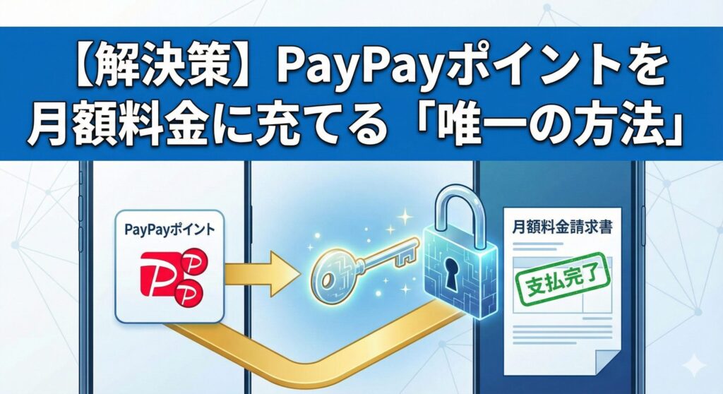 LINEMOでPayPayポイントを月額料金に充てる唯一の解決策を解説する2026年最新のイメージ画像。スマートフォンとPayPayポイントのアイコン、そして「解決」を象徴する光の演出。