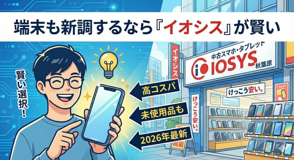2026年最新のスマホ端末を安く買うなら「イオシス」が賢い選択であることを示すブログヘッダー画像。高コスパな中古や未使用品が揃う秋葉原の店舗イラストと、新しいスマホを手にして喜ぶ男性。