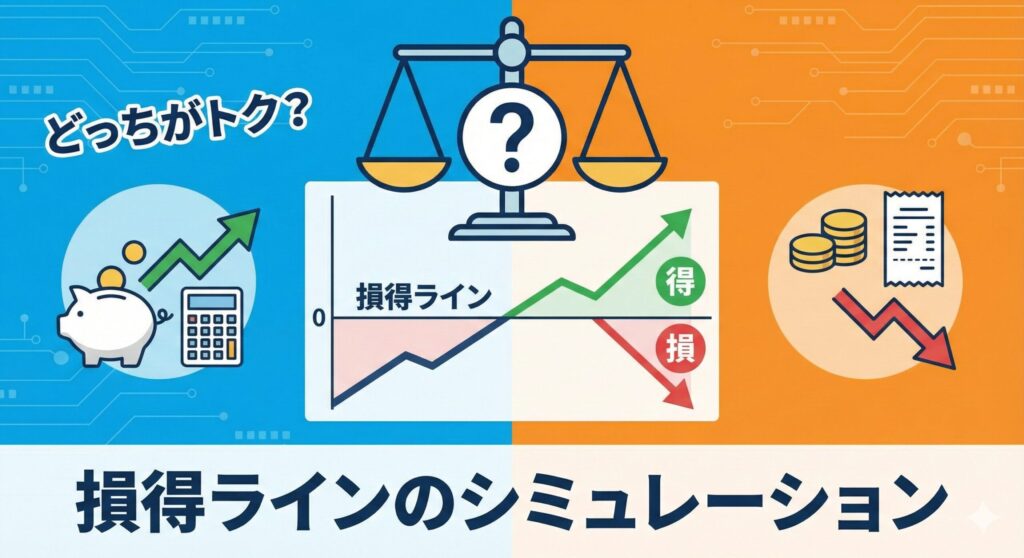 LINEMOの通話オプション「5分かけ放題」と「無制限」の損得ラインを比較したシミュレーション図解。電卓、上昇グラフ、比較バーチャートを用いて、月間の通話合計時間によってどちらのプランが安くなるかの分岐点を視覚的に表現している。通話料30秒22円を基準に、最適な契約タイミングを判断するための分析イメージイラスト。