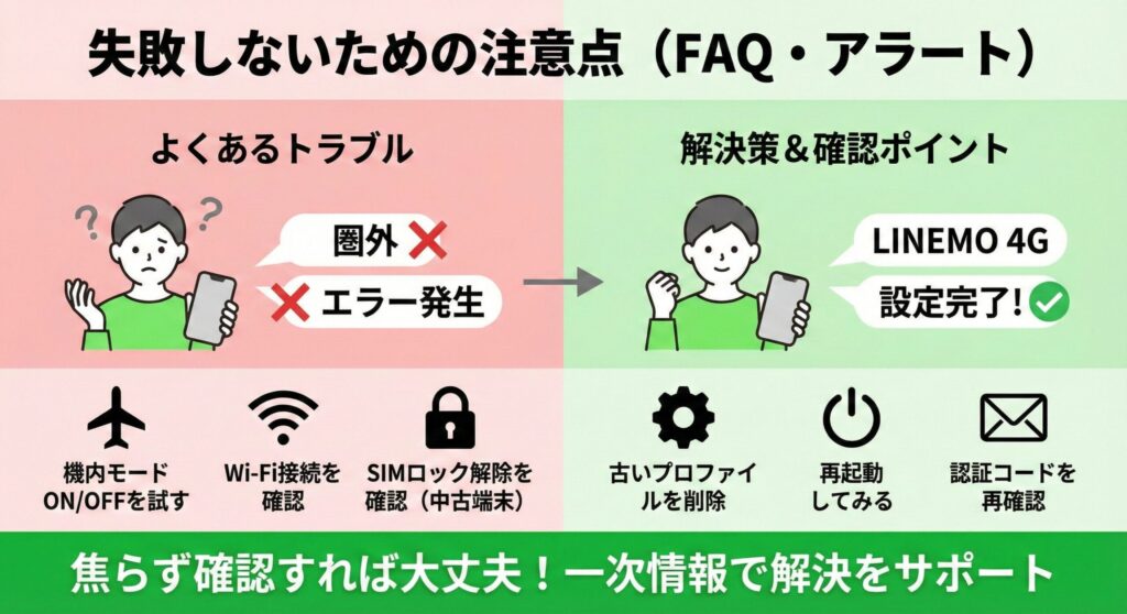 LINEMO eSIMの設定で失敗しないための注意点とFAQを解説する図解画像。警告アイコンやFAQのシンボルと共に、設定中の「圏外」トラブルやプロファイルの競合など、初心者がつまづきやすいポイントをチェックリスト形式で示唆しているイメージ。
