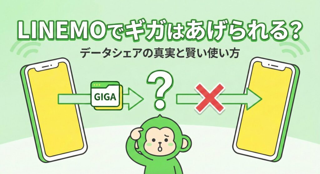 LINEMOでギガはあげられる？データシェアの真実と賢い使い方」というタイトルのアイキャッチ画像。スマホ間でギガを送ろうとする矢印に「？」と「×」印が付き、データシェアができないことを示すイラスト。緑のキャラクターが困惑している様子。