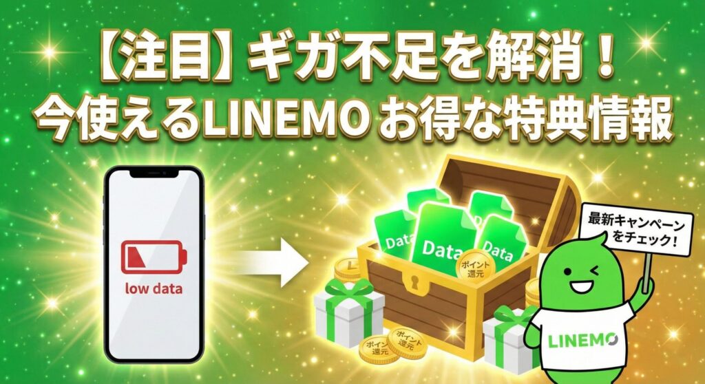 【注目】ギガ不足を解消！今使えるLINEMOのお得な特典情報」というタイトルのアイキャッチ画像。ギガ不足（low data）の状態から、データ量やポイント還元が詰まった宝箱によって解消される様子と、LINEMOのキャラクターが最新キャンペーンを案内しているイラスト。