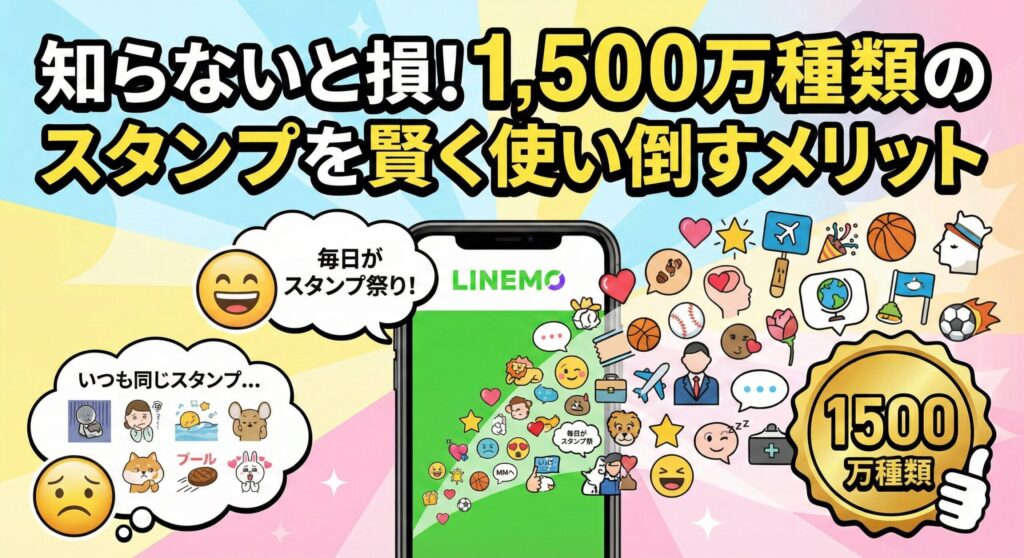 「知らないと損！1,500万種類のスタンプを賢く使い倒すメリット」の図解。LINEMOと表示されたスマホから、旅行、食べ物、動物、スポーツなど多種多様なスタンプが溢れ出す様子を描写。左側の『いつも同じスタンプ…』と悲しむ表情と、右側の『毎日がスタンプ祭り！』と喜ぶ表情を対比させ、1,500万種類の圧倒的なラインナップがトークを楽しくするメリットを視覚的に表現している。