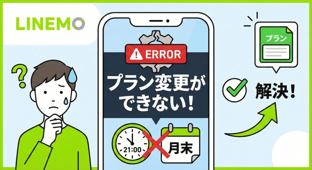 「LINEMOのプラン変更ができない原因と対処法」を解説したブログ記事のアイキャッチ。月末の締め切り時間21時や、エラーで困っているユーザーの様子を象徴したモダンなイラスト。2026年最新のプラン変更ルールに基づく解決策を提示している。