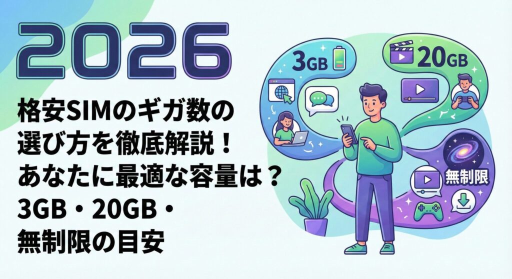 格安SIMのデータ容量（3GB・20GB・無制限）の選び方を比較解説するスマートフォンのイラスト画像