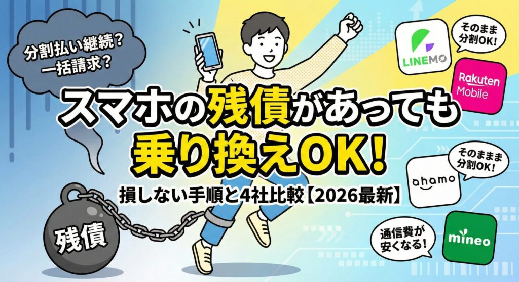 図解：『スマホの残債があっても乗り換えOK！損しない手順と4社比較【2026最新】』。足元の『残債』と書かれた重りの鎖を断ち切り、笑顔でジャンプする男性のイラスト。背景にはLINEMO、楽天モバイル、ahamo、mineoのロゴと、『そのまま分割OK！』『通信費が安くなる！』という吹き出しがあり、端末代が残っていても分割払いを継続しながらお得に乗り換えられることを視覚的に解説したアイキャッチ画像。