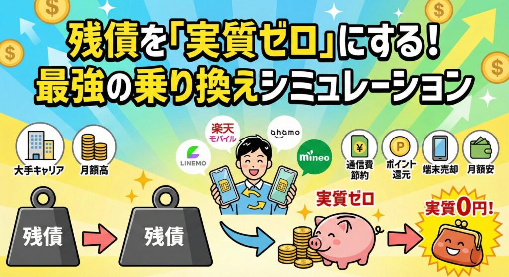 図解：「残債を『実質ゼロ』にする！最強の乗り換えシミュレーション」。大手キャリアでの高額な月額料金と残債の重荷から、LINEMO・ahamo・楽天モバイル・mineoへの乗り換えを通じて、通信費節約、ポイント還元、端末売却といったメリットを享受し、最終的に残債負担が実質0円（財布が潤う状態）になるまでの成功フローを視覚的に解説したイラスト。