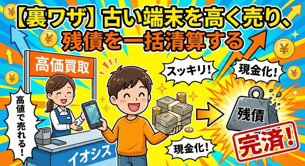 図解：「【裏ワザ】古い端末を高く売り、残債を一括清算する」。男性が中古スマホ買取店「イオシス」のカウンターで古いスマートフォンを高値で売却し、受け取った大量の現金で「残債」と書かれた重りを破壊して完全完済するまでの流れを表現したイラスト。